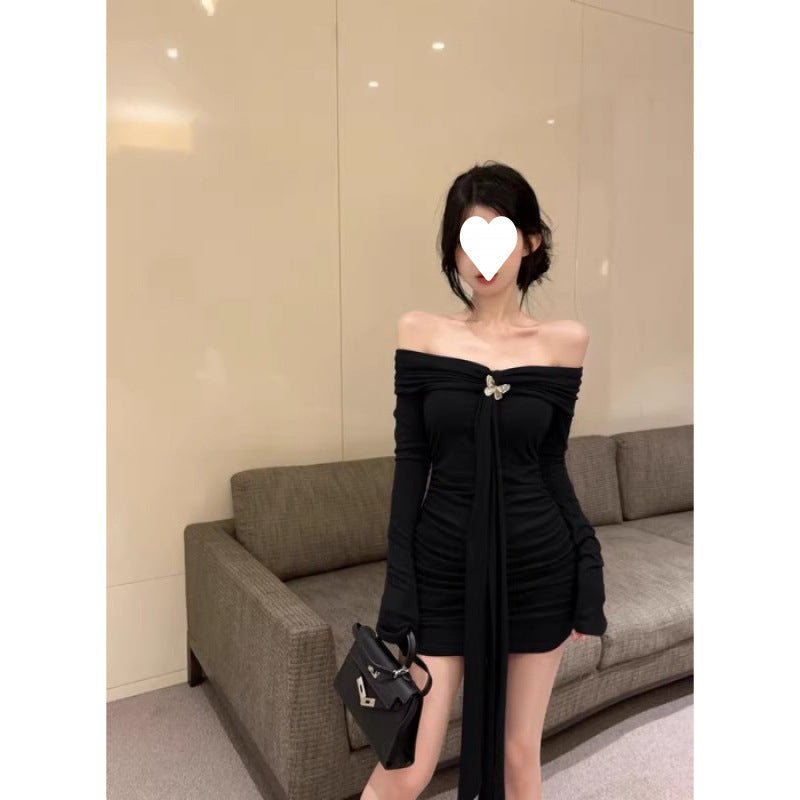 off-shoulder red long-sleeved dress women's autumn and winter pure hot girl bow waist off-shoulder hip wrap skirt - Cozy & Co. Market
