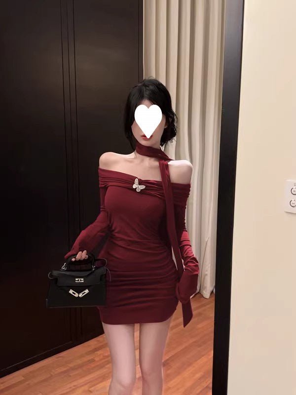 off-shoulder red long-sleeved dress women's autumn and winter pure hot girl bow waist off-shoulder hip wrap skirt - Cozy & Co. Market