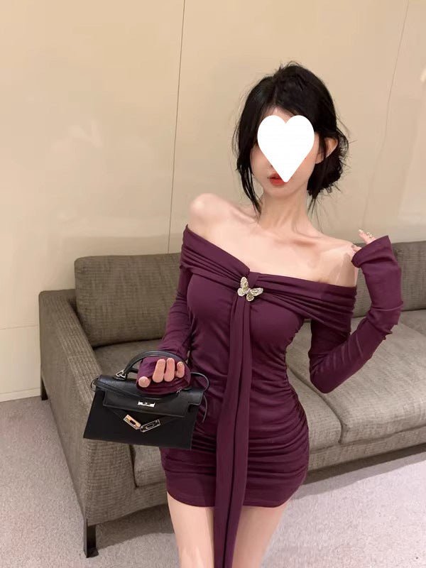 off-shoulder red long-sleeved dress women's autumn and winter pure hot girl bow waist off-shoulder hip wrap skirt - Cozy & Co. Market