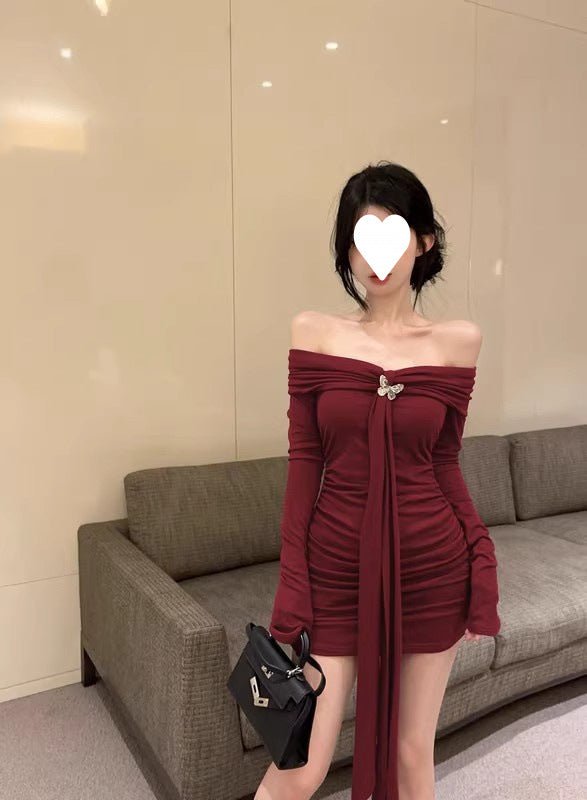 off-shoulder red long-sleeved dress women's autumn and winter pure hot girl bow waist off-shoulder hip wrap skirt - Cozy & Co. Market