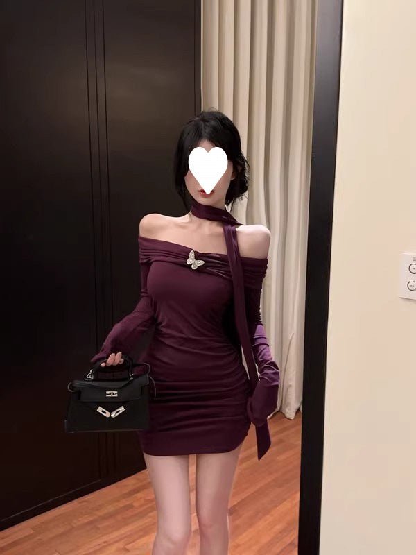 off-shoulder red long-sleeved dress women's autumn and winter pure hot girl bow waist off-shoulder hip wrap skirt - Cozy & Co. Market