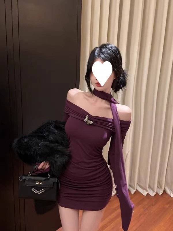 off-shoulder red long-sleeved dress women's autumn and winter pure hot girl bow waist off-shoulder hip wrap skirt - Cozy & Co. Market
