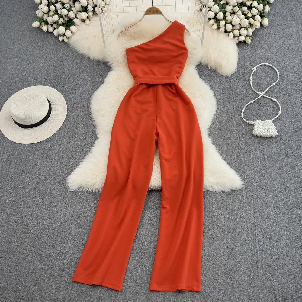 One Size Summer Fashion Slim Fit Slant Neck Sleeveless Jumpsuit High Waisted Straight Leg Wide Leg Pants Jumpsuit - Cozy & Co. Market