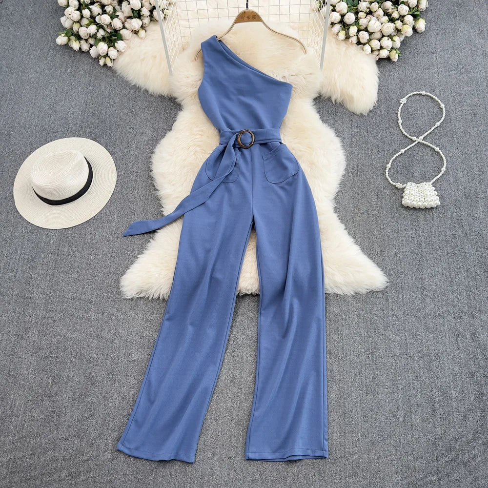 One Size Summer Fashion Slim Fit Slant Neck Sleeveless Jumpsuit High Waisted Straight Leg Wide Leg Pants Jumpsuit - Cozy & Co. Market