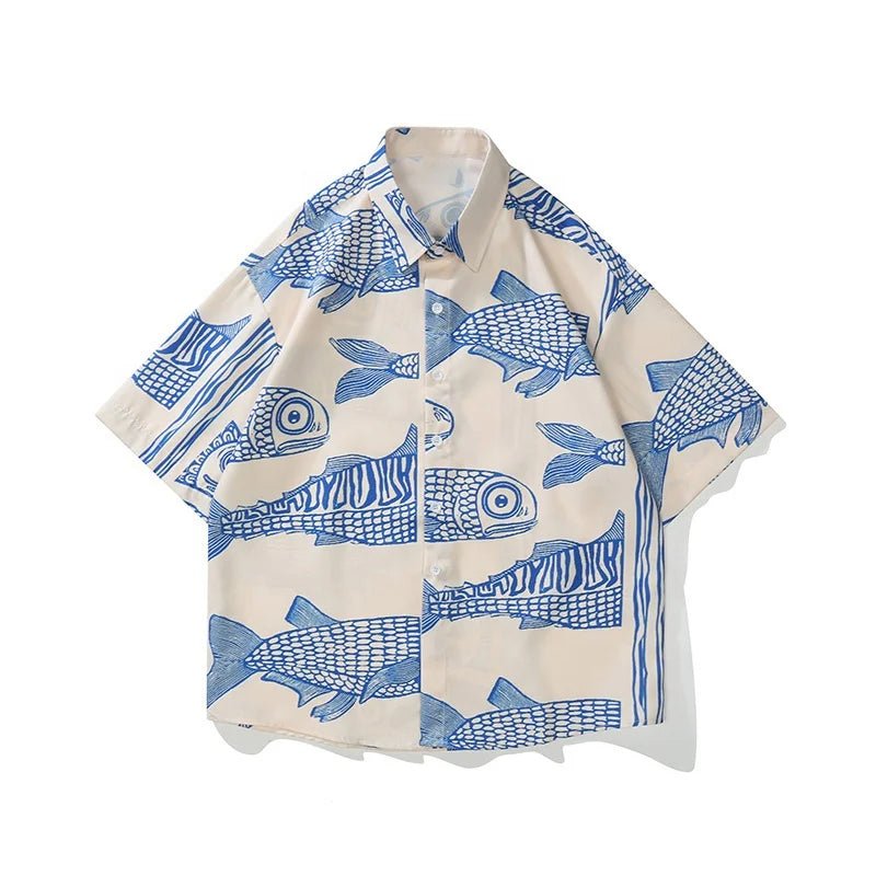 Oversized American Style 2023 Summer Fried Street Fashion Small Fish Print New Personalized Mens Casual Shirts - Cozy & Co. Market