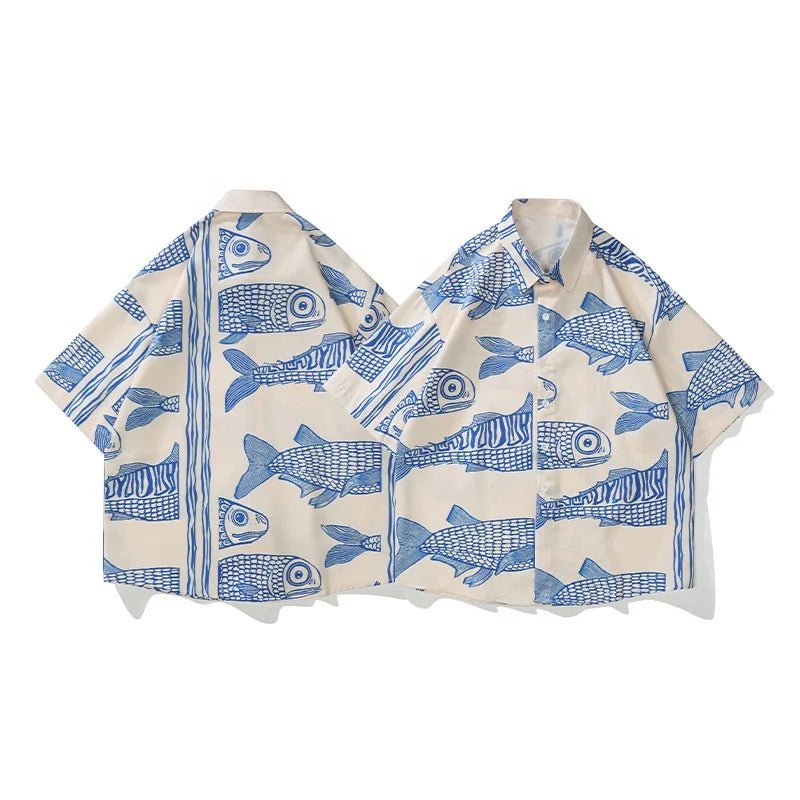 Oversized American Style 2023 Summer Fried Street Fashion Small Fish Print New Personalized Mens Casual Shirts - Cozy & Co. Market