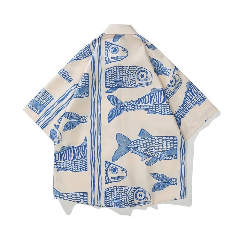 Oversized American Style 2023 Summer Fried Street Fashion Small Fish Print New Personalized Mens Casual Shirts - Cozy & Co. Market
