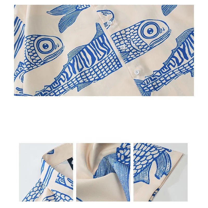 Oversized American Style 2023 Summer Fried Street Fashion Small Fish Print New Personalized Mens Casual Shirts - Cozy & Co. Market