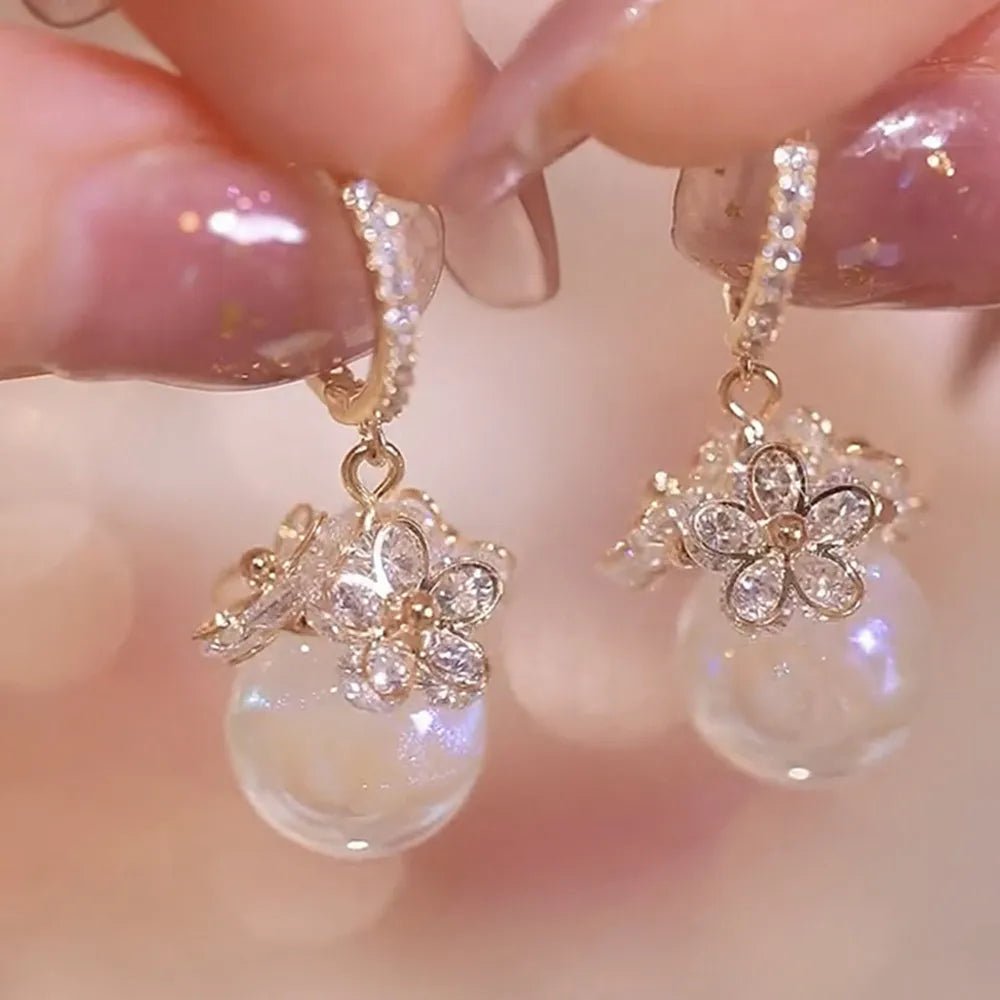 Pearl & Rhinestone Flower Drop Earrings - Cozy & Co. Market