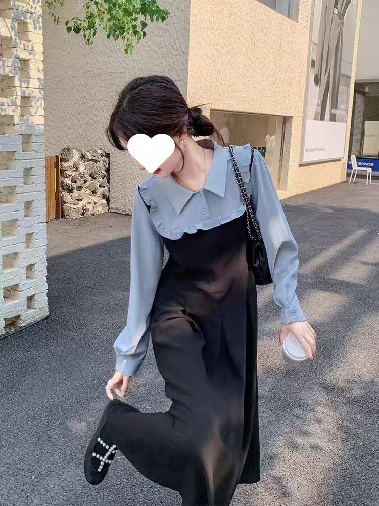 Plus-Size French-Style Faux Two-Piece Color-Blocked Shirt Dress for Women, 2025 Autumn and Winter New Style, Waist-Cinching, Slimming, Elegant Dress - Cozy & Co. Market