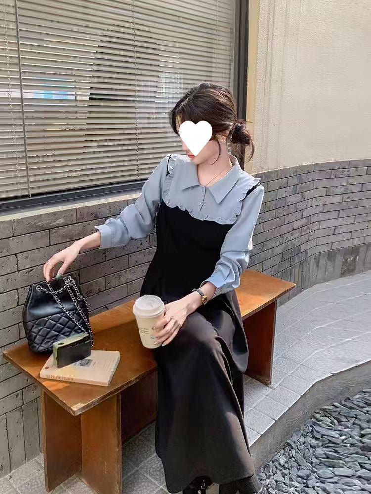 Plus-Size French-Style Faux Two-Piece Color-Blocked Shirt Dress for Women, 2025 Autumn and Winter New Style, Waist-Cinching, Slimming, Elegant Dress - Cozy & Co. Market