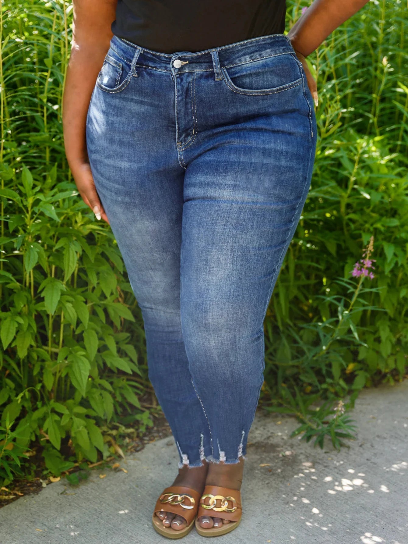 Plus Size High-Inspired Tattered Ripped Decoration Women's Solid Denim Crop Pants Breathable Stretch Skinny Hip Lift Jeans - Cozy & Co. Market