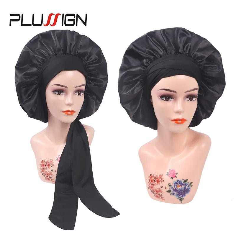 Plussign New Women Satin Bonnet With Tie Line Black Pink Night Sleep Cap Hair Care Bonnet Shower Turban Unisex Cap Bonnets - Cozy & Co. Market