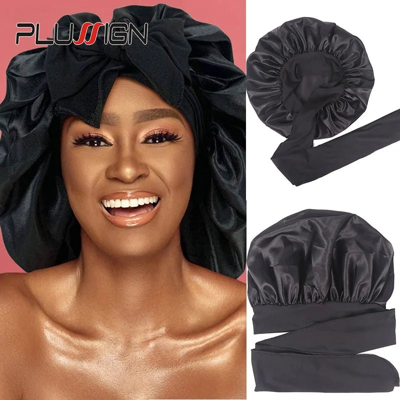 Plussign New Women Satin Bonnet With Tie Line Black Pink Night Sleep Cap Hair Care Bonnet Shower Turban Unisex Cap Bonnets - Cozy & Co. Market