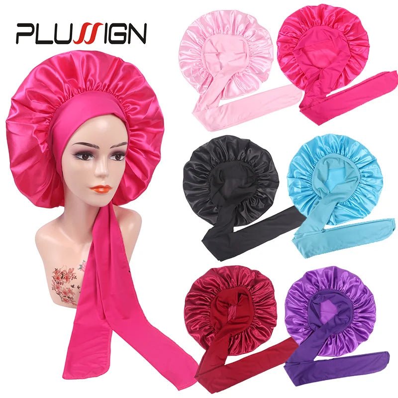Plussign New Women Satin Bonnet With Tie Line Black Pink Night Sleep Cap Hair Care Bonnet Shower Turban Unisex Cap Bonnets - Cozy & Co. Market