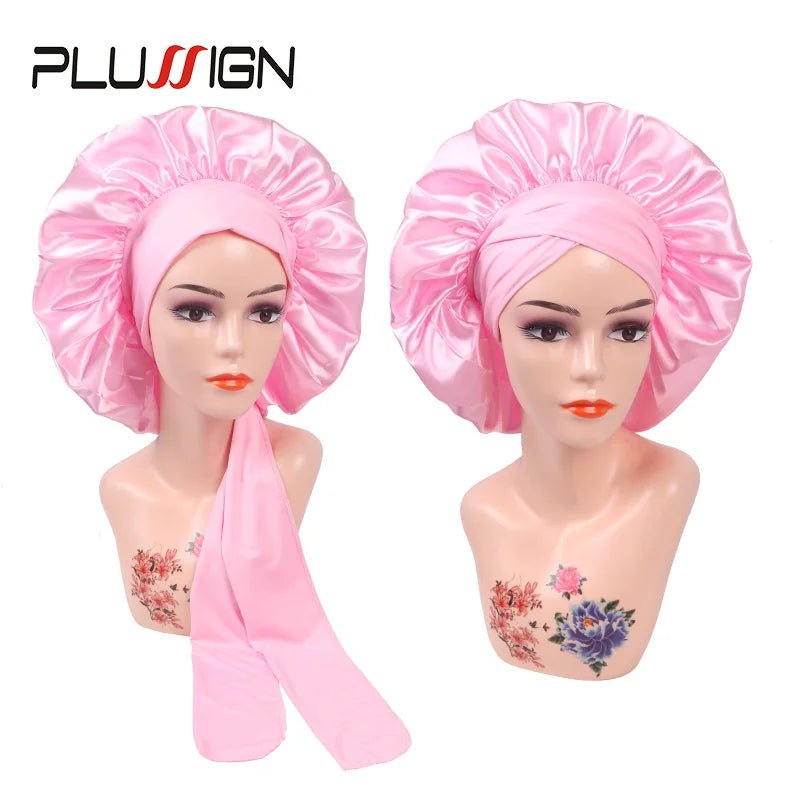 Plussign New Women Satin Bonnet With Tie Line Black Pink Night Sleep Cap Hair Care Bonnet Shower Turban Unisex Cap Bonnets - Cozy & Co. Market