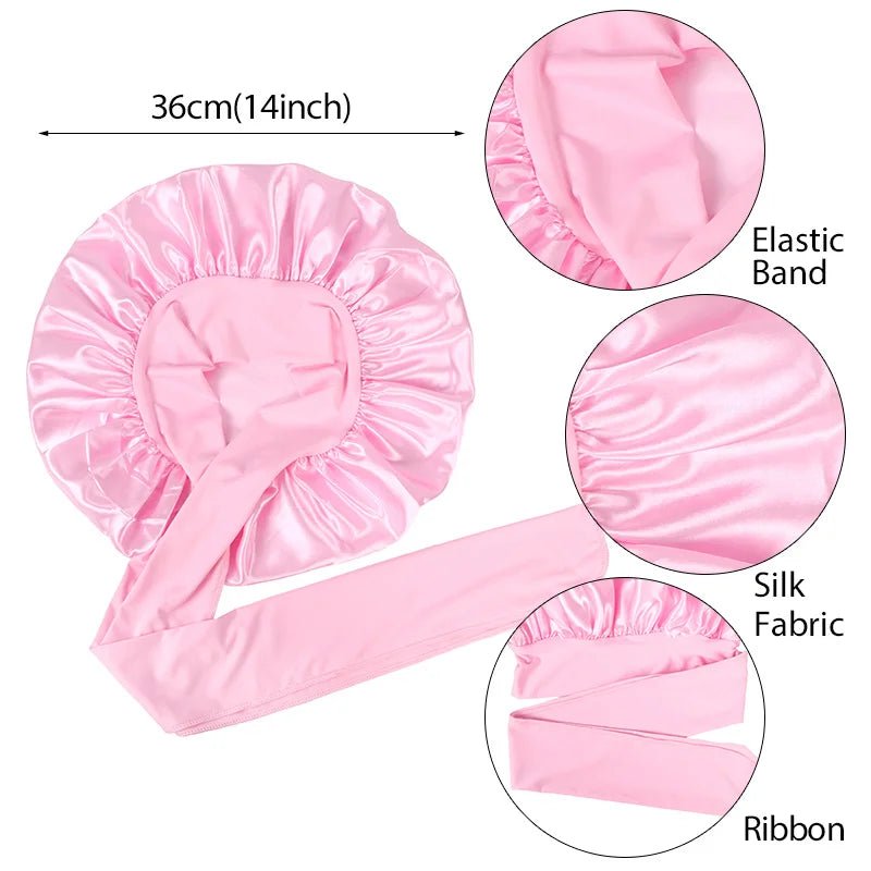 Plussign New Women Satin Bonnet With Tie Line Black Pink Night Sleep Cap Hair Care Bonnet Shower Turban Unisex Cap Bonnets - Cozy & Co. Market