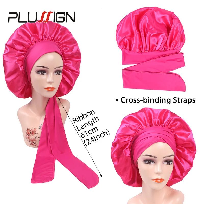 Plussign New Women Satin Bonnet With Tie Line Black Pink Night Sleep Cap Hair Care Bonnet Shower Turban Unisex Cap Bonnets - Cozy & Co. Market