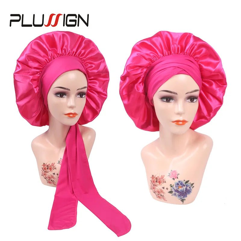 Plussign New Women Satin Bonnet With Tie Line Black Pink Night Sleep Cap Hair Care Bonnet Shower Turban Unisex Cap Bonnets - Cozy & Co. Market