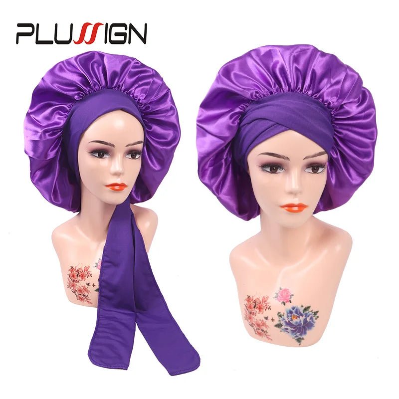 Plussign New Women Satin Bonnet With Tie Line Black Pink Night Sleep Cap Hair Care Bonnet Shower Turban Unisex Cap Bonnets - Cozy & Co. Market