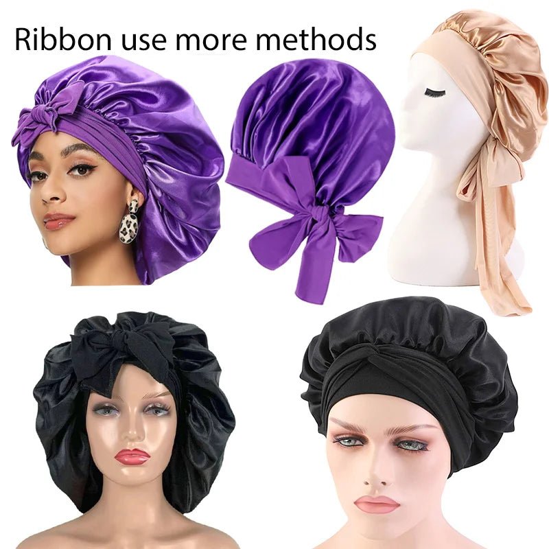 Plussign New Women Satin Bonnet With Tie Line Black Pink Night Sleep Cap Hair Care Bonnet Shower Turban Unisex Cap Bonnets - Cozy & Co. Market