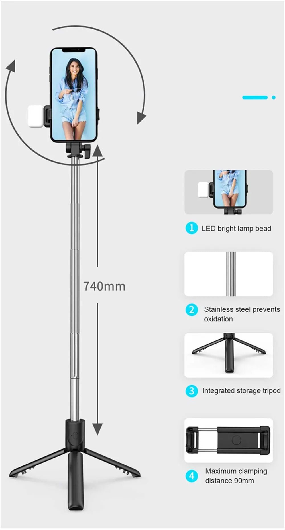 Portable Bluetooth Selfie Stick Tripod Holder with Remote Shutter Fill Light Extendable Wireless Remote Retractable Phone Stand - Cozy & Co. Market