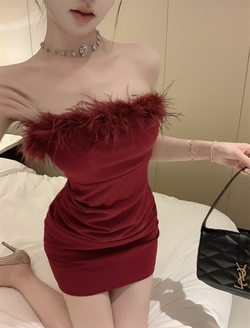 Pure Desire Sexy Spice Girl Strapless dress Slim-fit Waist Base Skirt Stitching Mao Mao Wrap Hip Skirt Autumn and Winter - Cozy & Co. Market