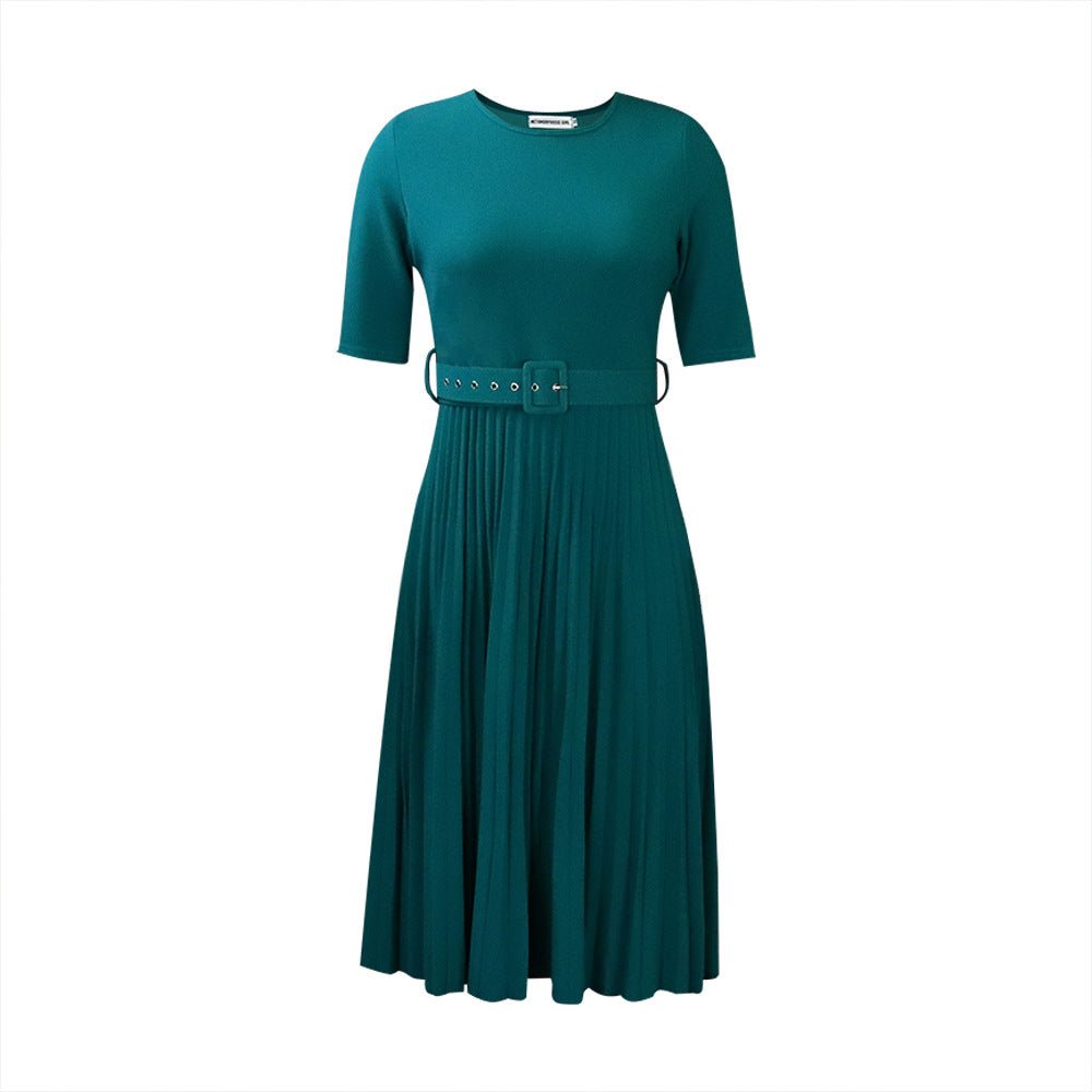 Q114 European and American women's 2025 summer new fashion round neck short sleeve solid color pleated elegant plus size African dress - Cozy & Co. Market