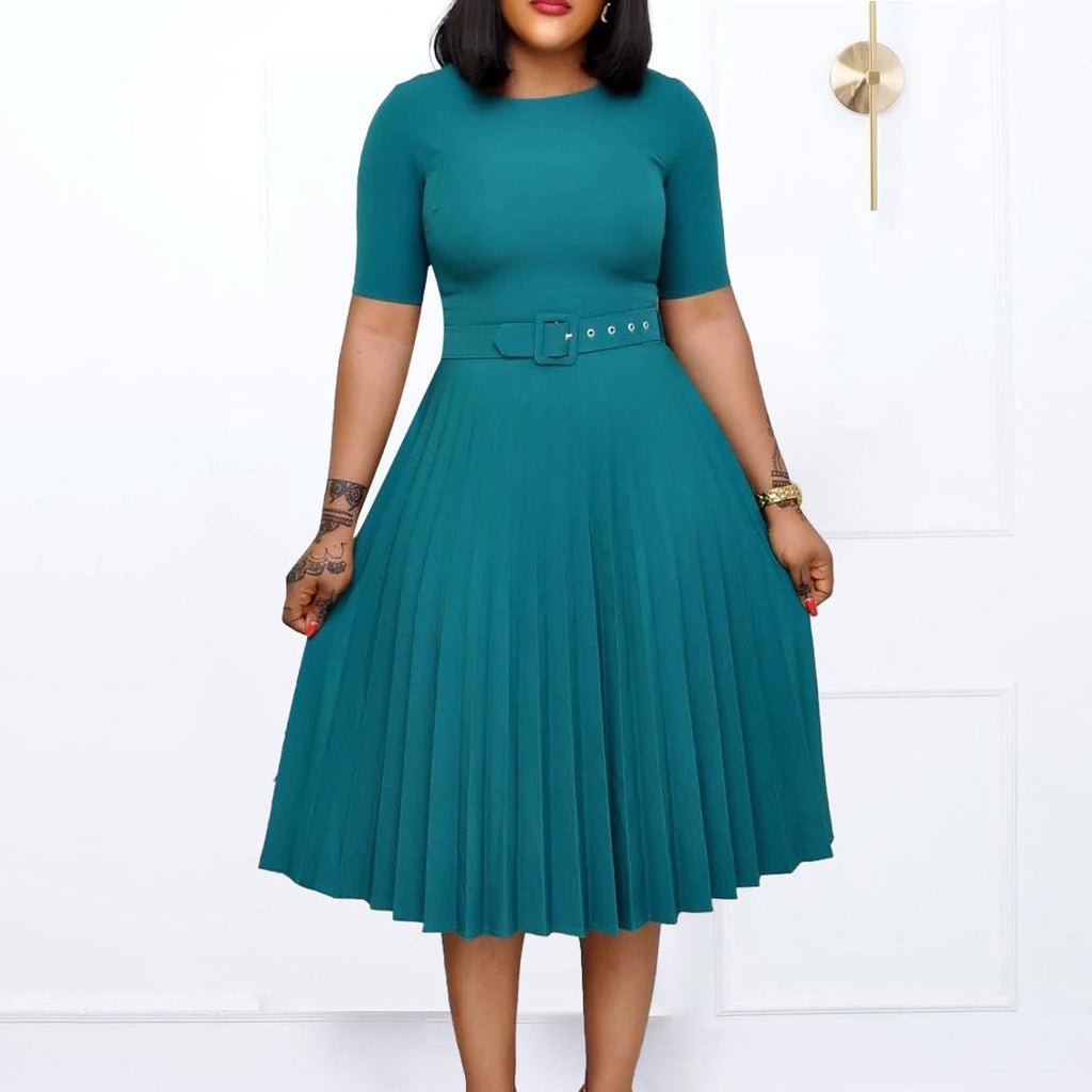 Q114 European and American women's 2025 summer new fashion round neck short sleeve solid color pleated elegant plus size African dress - Cozy & Co. Market