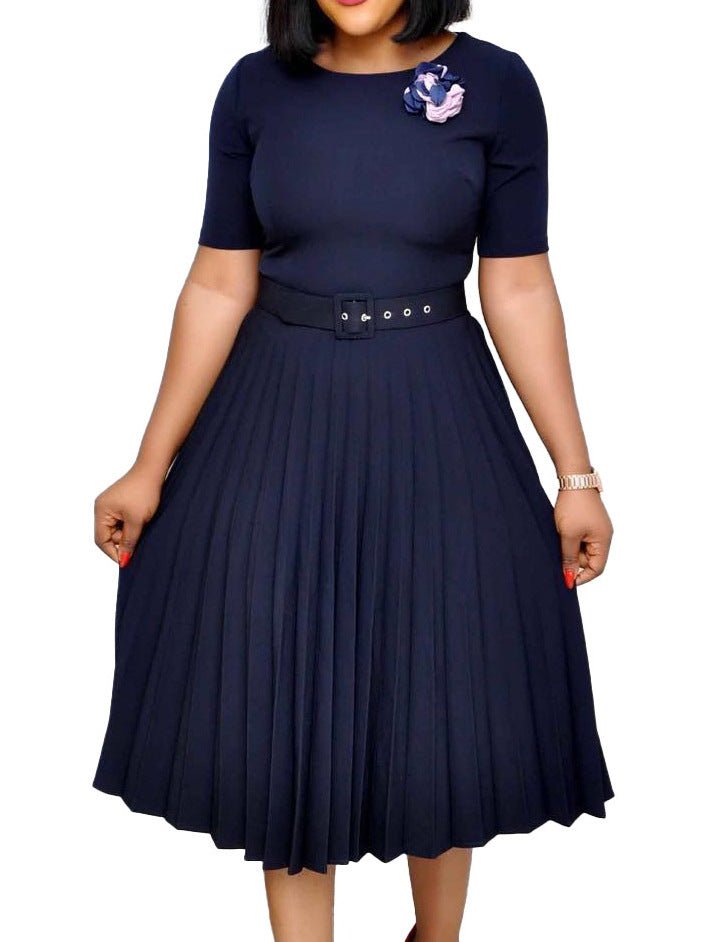 Q114 European and American women's 2025 summer new fashion round neck short sleeve solid color pleated elegant plus size African dress - Cozy & Co. Market
