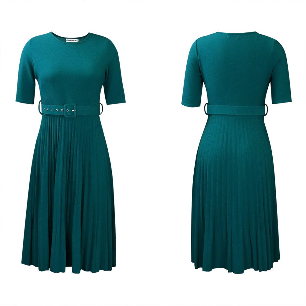 Q114 European and American women's 2025 summer new fashion round neck short sleeve solid color pleated elegant plus size African dress - Cozy & Co. Market