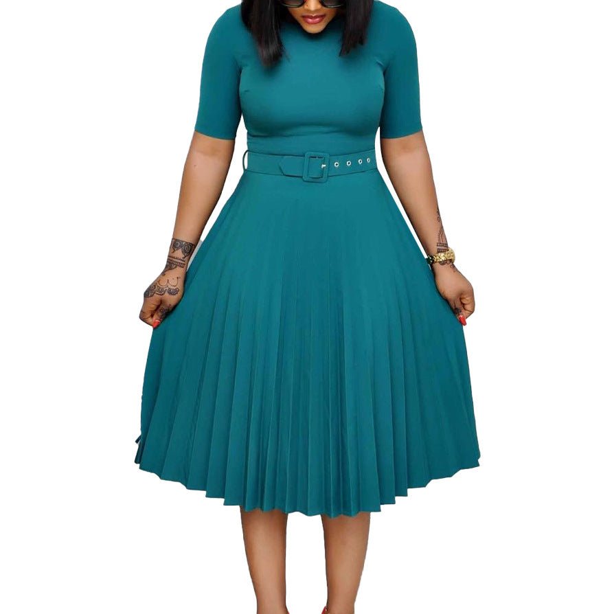 Q114 European and American women's 2025 summer new fashion round neck short sleeve solid color pleated elegant plus size African dress - Cozy & Co. Market