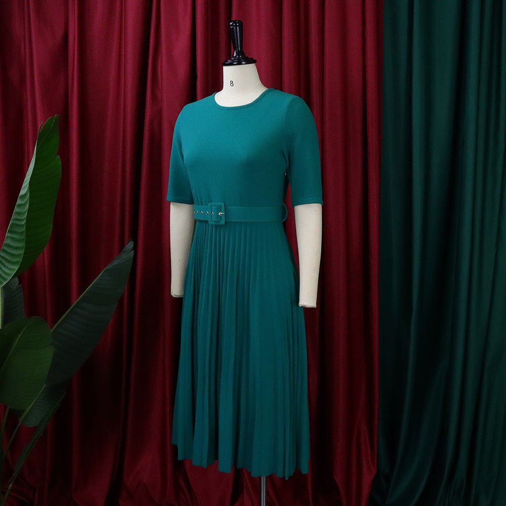 Q114 European and American women's 2025 summer new fashion round neck short sleeve solid color pleated elegant plus size African dress - Cozy & Co. Market