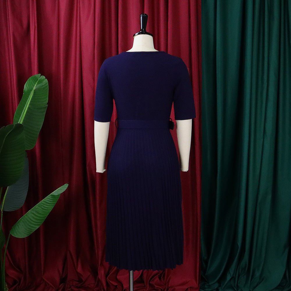 Q114 European and American women's 2025 summer new fashion round neck short sleeve solid color pleated elegant plus size African dress - Cozy & Co. Market