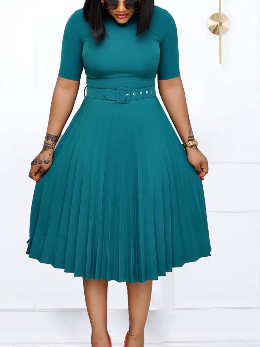 Q114 European and American women's 2025 summer new fashion round neck short sleeve solid color pleated elegant plus size African dress - Cozy & Co. Market
