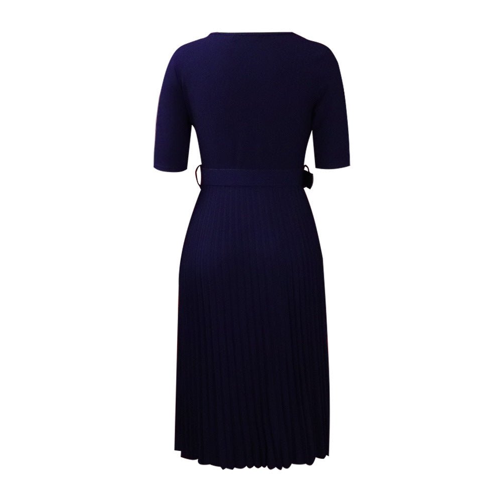 Q114 European and American women's 2025 summer new fashion round neck short sleeve solid color pleated elegant plus size African dress - Cozy & Co. Market
