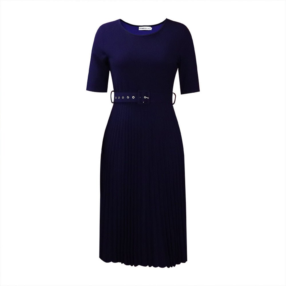 Q114 European and American women's 2025 summer new fashion round neck short sleeve solid color pleated elegant plus size African dress - Cozy & Co. Market