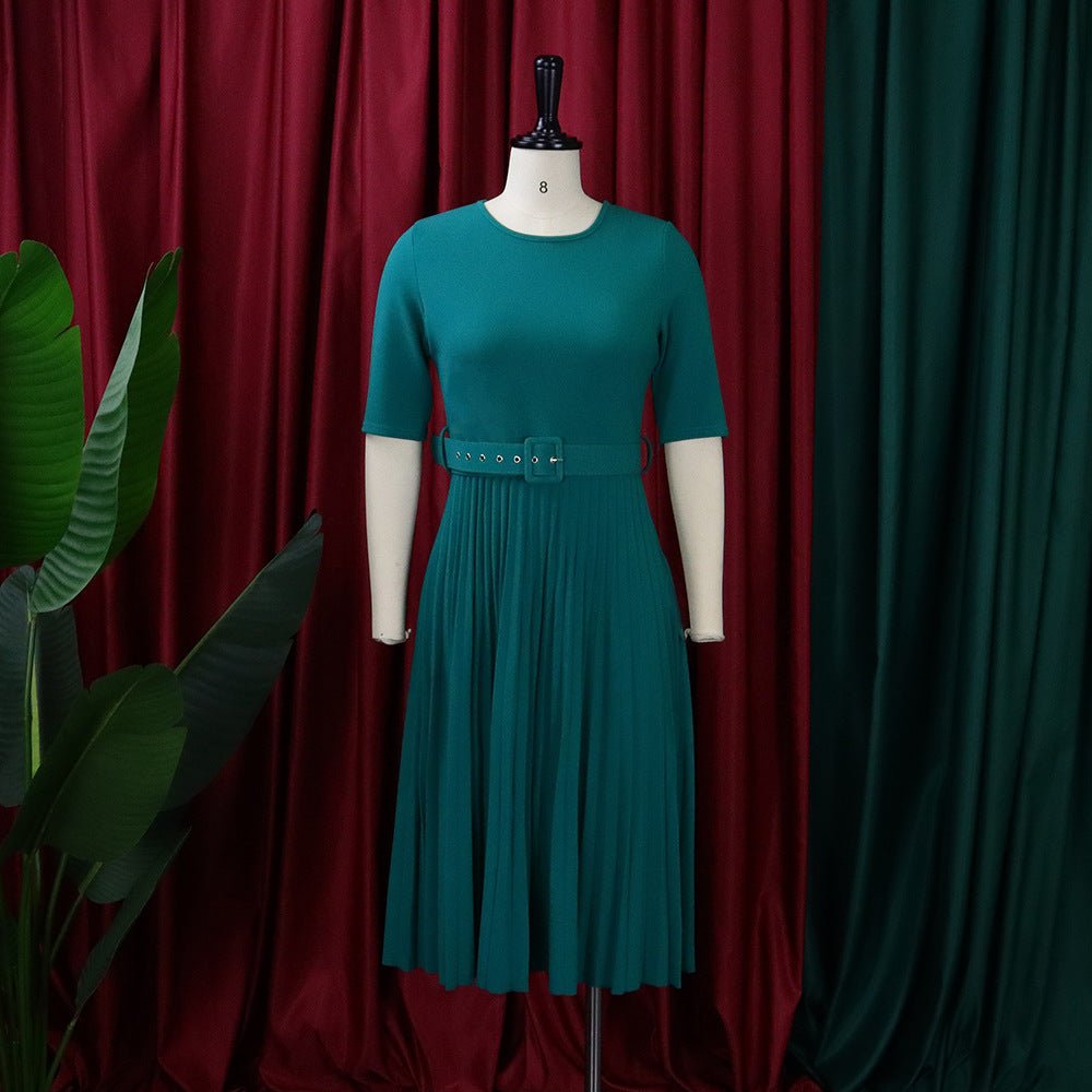 Q114 European and American women's 2025 summer new fashion round neck short sleeve solid color pleated elegant plus size African dress - Cozy & Co. Market
