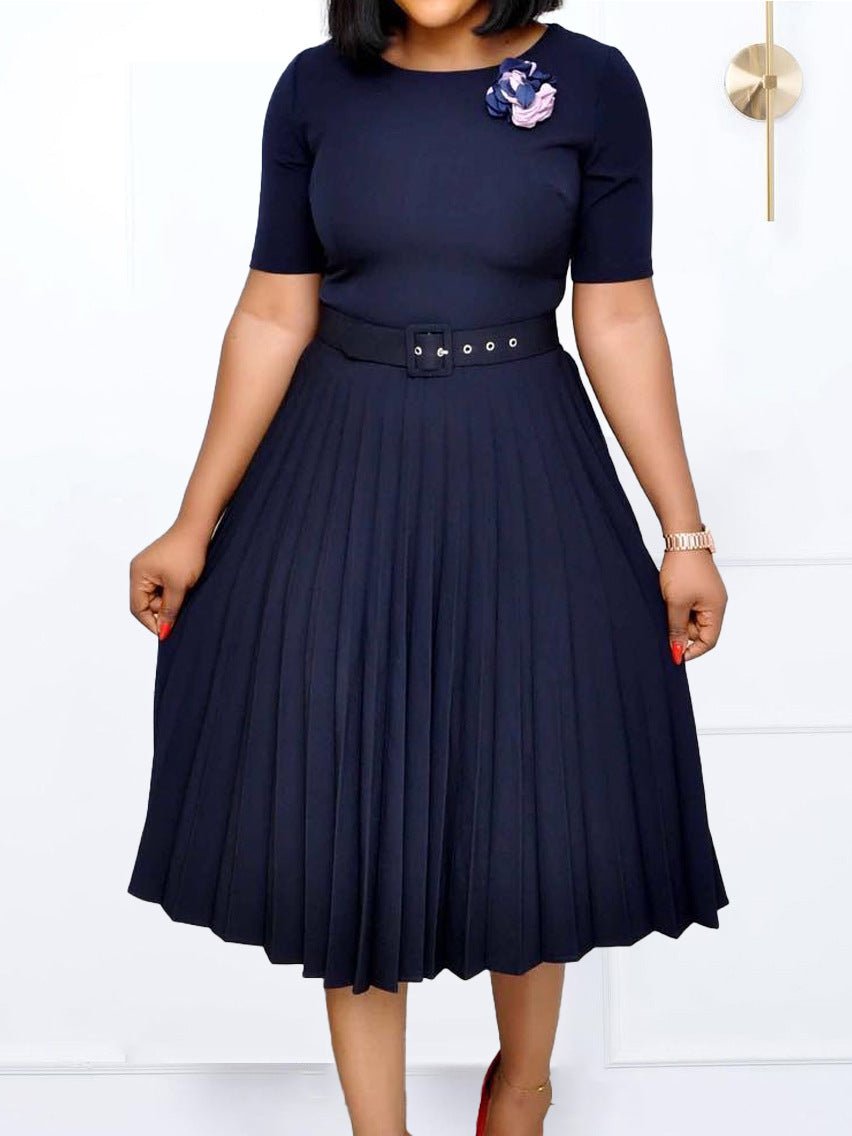 Q114 European and American women's 2025 summer new fashion round neck short sleeve solid color pleated elegant plus size African dress - Cozy & Co. Market