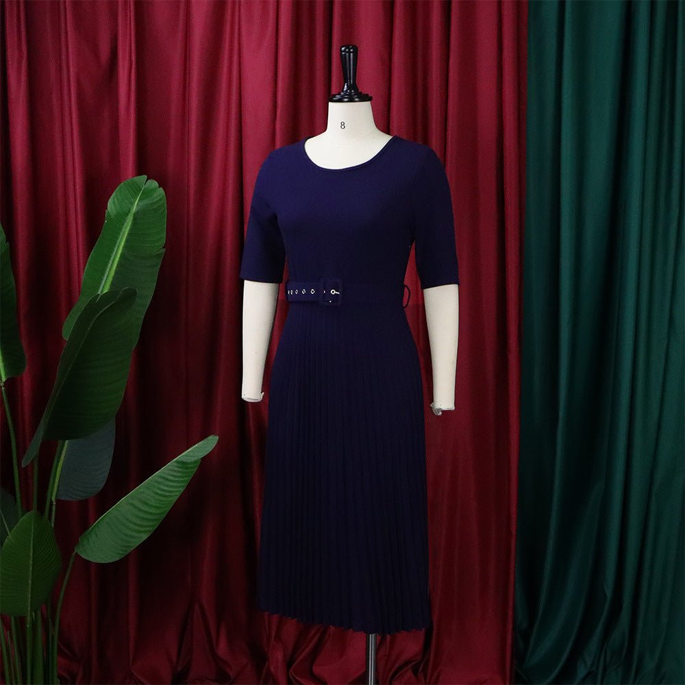 Q114 European and American women's 2025 summer new fashion round neck short sleeve solid color pleated elegant plus size African dress - Cozy & Co. Market