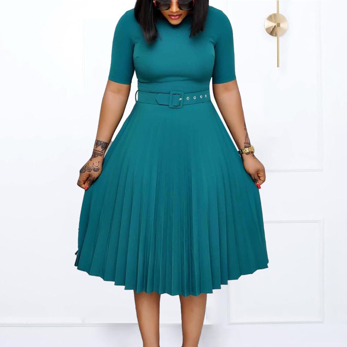 Q114 European and American women's 2025 summer new fashion round neck short sleeve solid color pleated elegant plus size African dress - Cozy & Co. Market