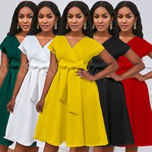 Q114 European and American women's 2025 summer new fashion round neck short sleeve solid color pleated elegant plus size African dress - Cozy & Co. Market