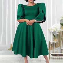 Q114 European and American women's 2025 summer new fashion round neck short sleeve solid color pleated elegant plus size African dress - Cozy & Co. Market