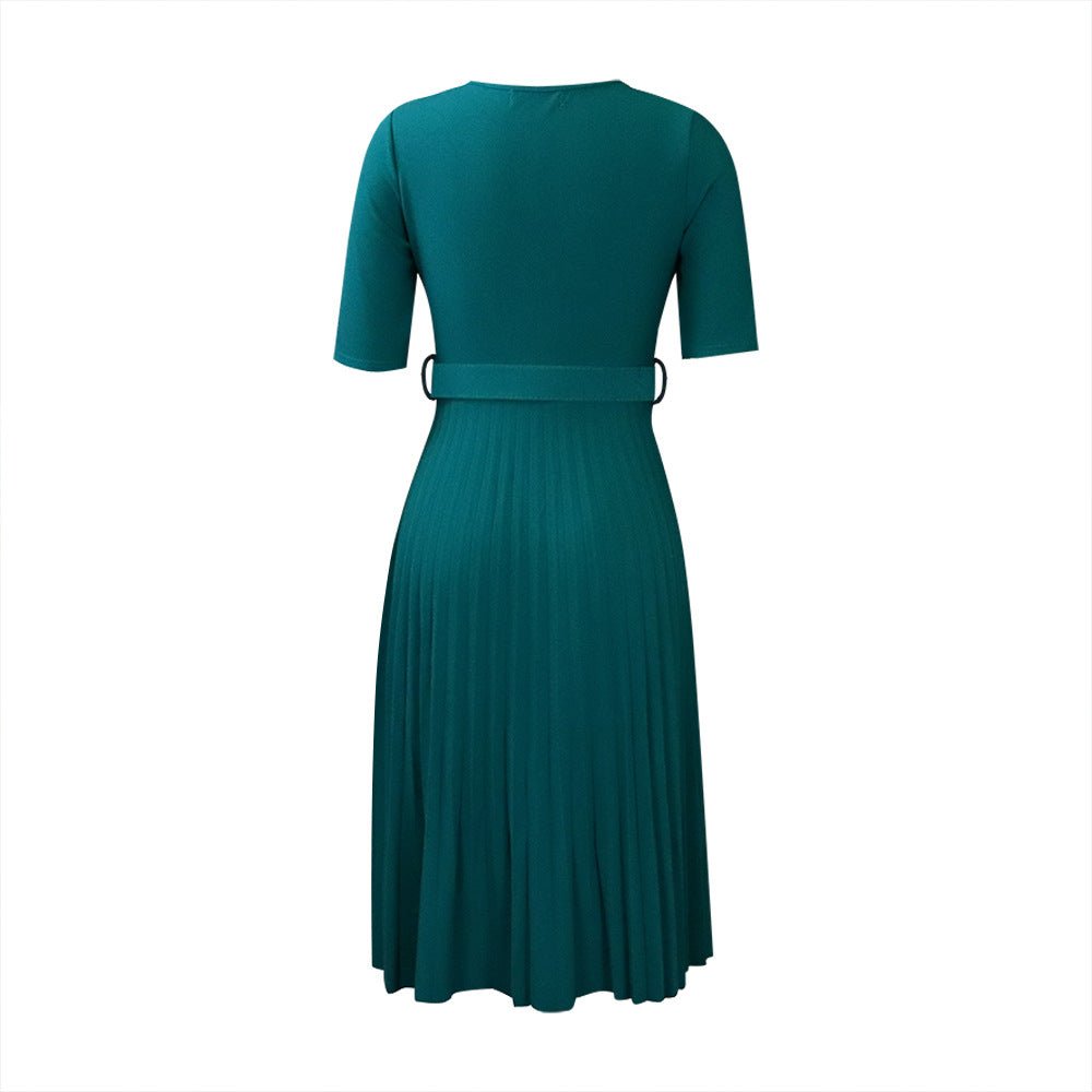 Q114 European and American women's 2025 summer new fashion round neck short sleeve solid color pleated elegant plus size African dress - Cozy & Co. Market