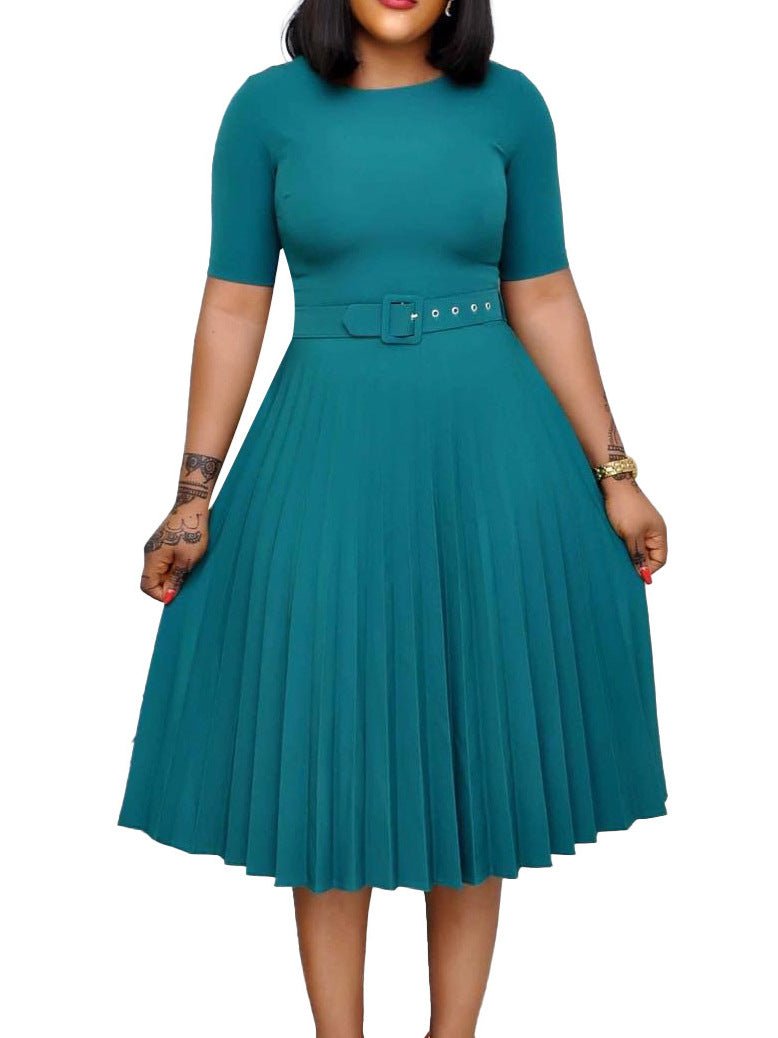 Q114 European and American women's 2025 summer new fashion round neck short sleeve solid color pleated elegant plus size African dress - Cozy & Co. Market