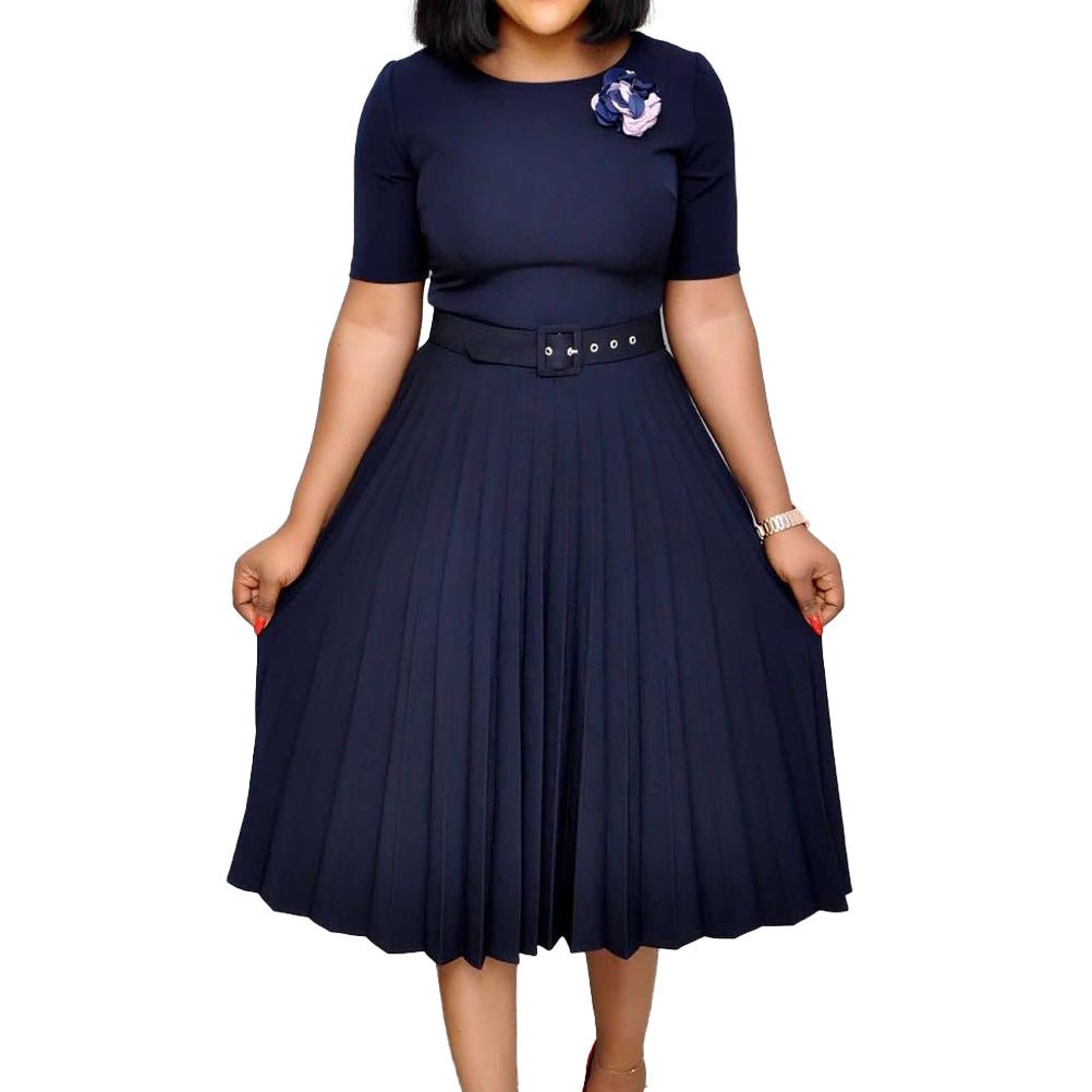 Q114 European and American women's 2025 summer new fashion round neck short sleeve solid color pleated elegant plus size African dress - Cozy & Co. Market
