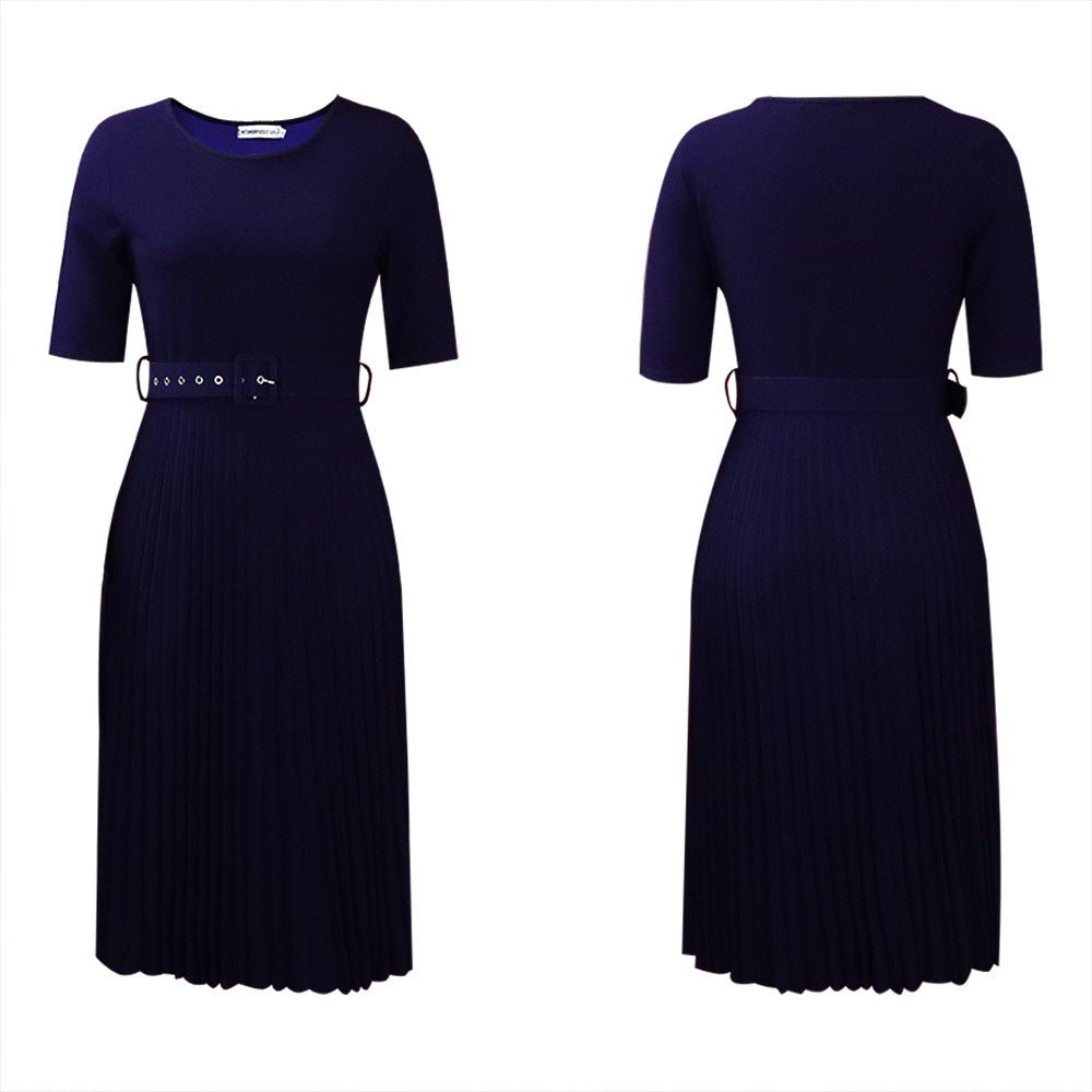 Q114 European and American women's 2025 summer new fashion round neck short sleeve solid color pleated elegant plus size African dress - Cozy & Co. Market