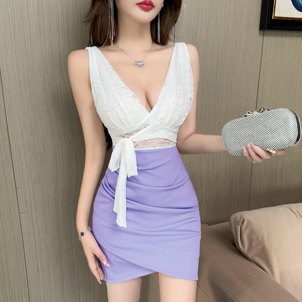 Real shot 8752 in stock sexy lace stitching contrast color sleeveless bottoming vest skirt waist hip short dress - Cozy & Co. Market