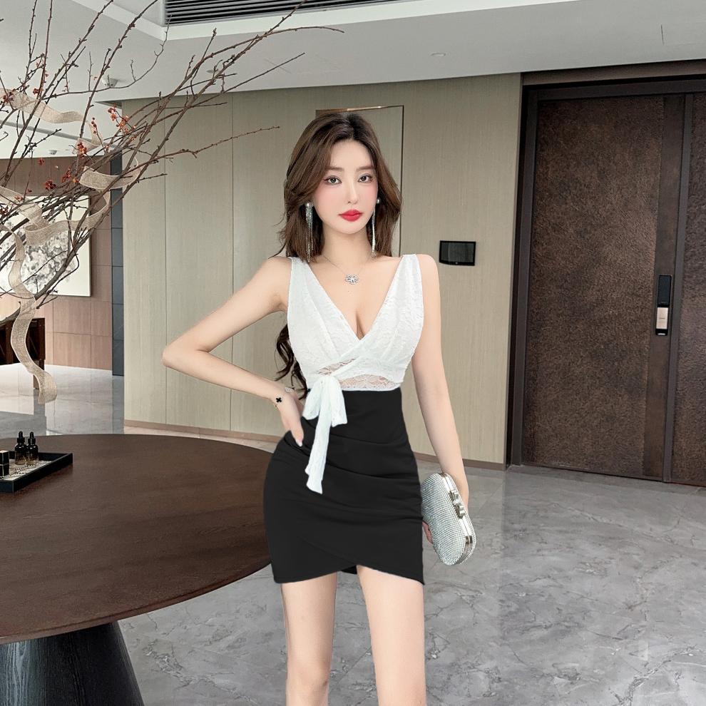 Real shot 8752 in stock sexy lace stitching contrast color sleeveless bottoming vest skirt waist hip short dress - Cozy & Co. Market