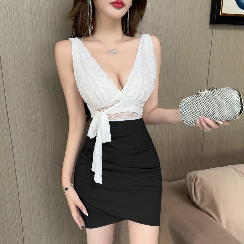 Real shot 8752 in stock sexy lace stitching contrast color sleeveless bottoming vest skirt waist hip short dress - Cozy & Co. Market